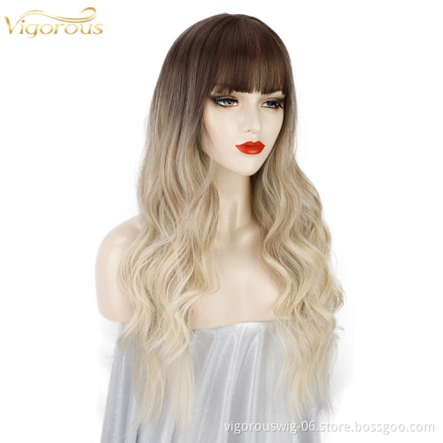 Vigorous Natural Cosplay Synthetic Non Lace Front 24 Inch Long Wavy Ombre Wig Synthetic Hair Wigs With Bangs For Black Women